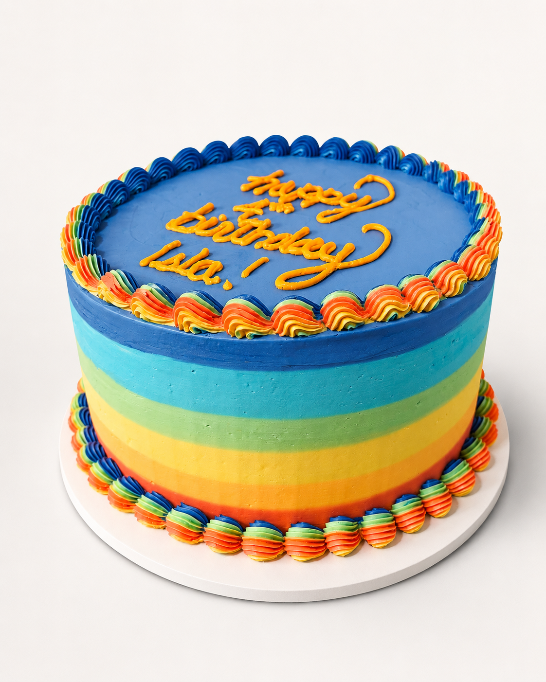 Rainbow birthday cake with retro piped borders and bright buttercream stripes